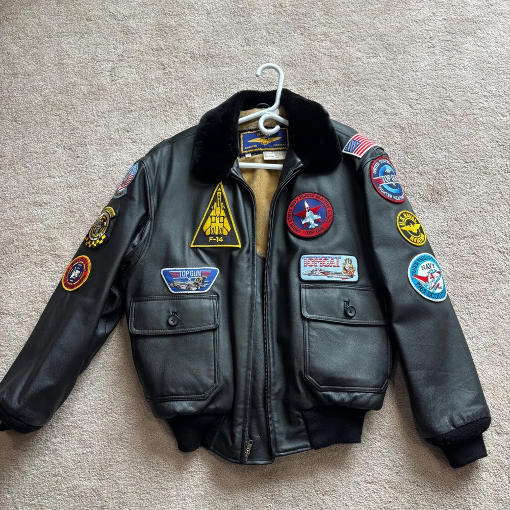 Navy Airborne Leathers Top Gun G-1 Flight Jacket Black Leather Patches Mens S